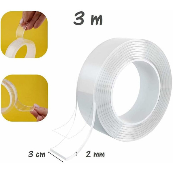 Smart Nano Tape, genanvendelig nano-klæbebånd, transparent, ikke-mærkende, dobbeltsidet, vaskbart og holdbart til selvklæbende genstande, 2mm x 3cm x 3m