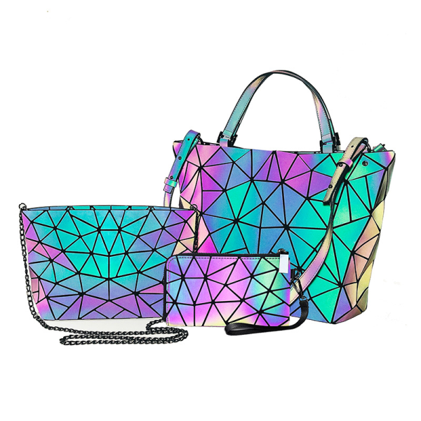 Tredelad geometrisk handväska för kvinnor, lysande axelväska