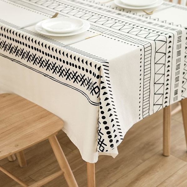 Bomullslinne Duksar Tunga Tyg Boho Bordsskydd Bordsskiva Duk För Lanthus Kaffe Kök Picknick Vit Svart (Rektangel/Lång, 55\" X