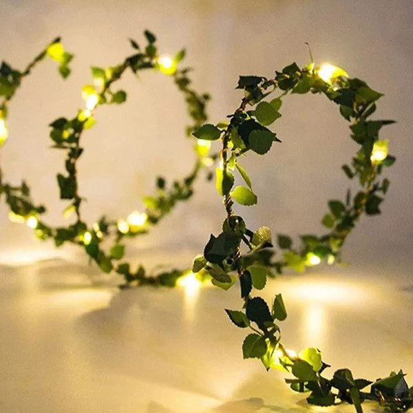 2m/20 Led konstgjorda gröna löv LED-slingor Batteridrivna falska gröna löv LED-lampor som hänger till födelsedagsfest Bröllop Hem Inomhusdeco
