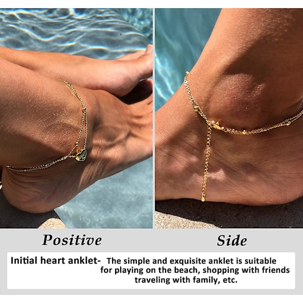 Initial Heart Anklet med Lager på Lager Hjärtan Bokstav A till Z Pärlkedja Anklet för Kvinnor 14k Riktigt Guldpläterad Strand Smycke