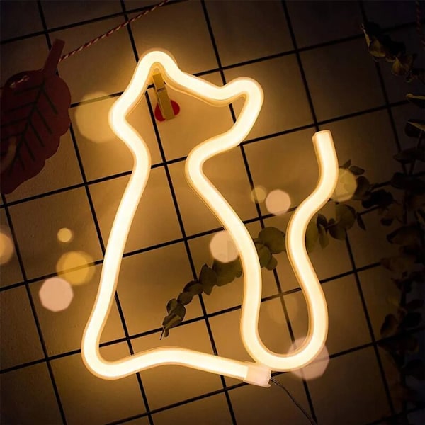 LED-neonskylt för inomhusbruk, väggdekor i akryl, nattlampa, USB och batteridriven neonlampa för väggdekor, barnrum, sovrum, bröllopsfest, bar, varmvit katt