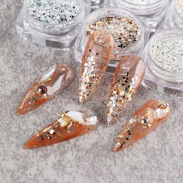 Holografiska Nagelkonstpaljetter Glitterset 6 Ask 3D Naglar Glitter Metallisk Glimmande Flakes Akrylpulver Damm Paljetter För Nageldekor Holografi