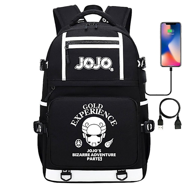 Svart JoJo's Bizarre Adventure USB -port Ryggsäcksväska för skolböcker, studenter1