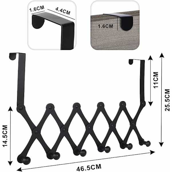 TRIP Garderobsdörr, Rostfritt Ståldörrkrok, Teleskopisk Fällbar Dörrkrok med 6 Vardagsrum Sovrum Badrumsskåp (Svart)