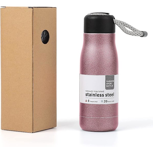 Rosa Vannflaske 12 Oz, Nicemer Isolerende Vannflaske Med Stropplokk, Trelags Vakuum, Rustfritt Stål Gjenbrukbar