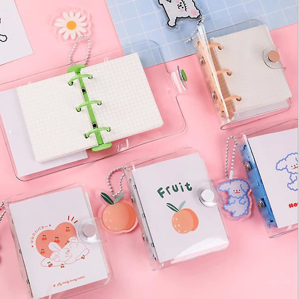 Mini Transparent 3-Ring Binder Skyddande Omslag Transparent PVC Binder Notebook Mini Binder Pocket Snap (Rosa)