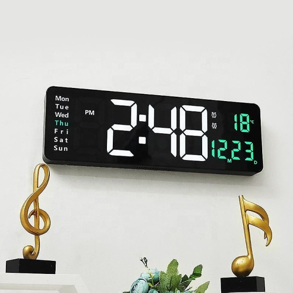 Digital väggklocka stor display, LED digitalklocka med temperatur och automatisk dimning, enkel spårning av tid, datum och veckodag, med fjärrkontroll