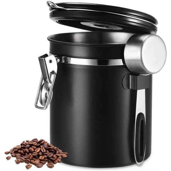 Kaffeburk 1500 ml med doseringssked Höjd: 15cm Kaffeburkar Kaffebehållare av rostfritt stål Färg: svart