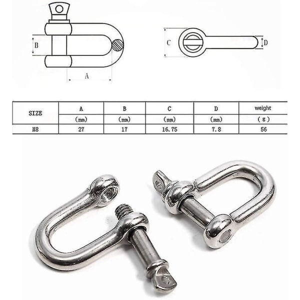M8 rostfritt stål D-formad schackel, gängad, används för tung riggning, återvinningsfordon, bogsering, lätt att bära (4 stycken)
