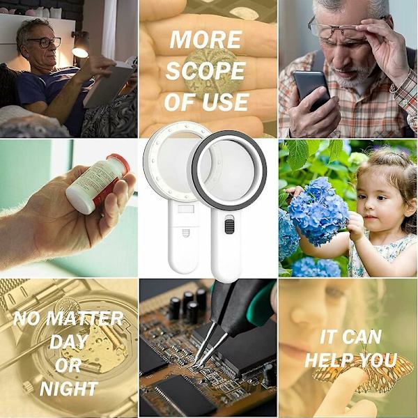 Lupe med ljus, 30x förstoring ficklupp 12 LED-upplyst belyst förstoringsglas för makuladegeneration