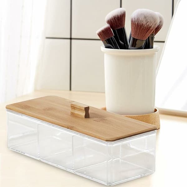 Makeup Organizer Akryl Bomullsställ med Bambulock Bomullstuss Dispenser Badrumstillbehör Förvaringslåda