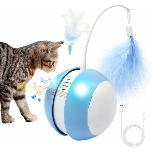 Interactive Cat Toy Ball and LED Bird Sound 360° Rotating Cat Ball USB Charging Electric Cat Toy Pet Entertainment Ball (Blue)