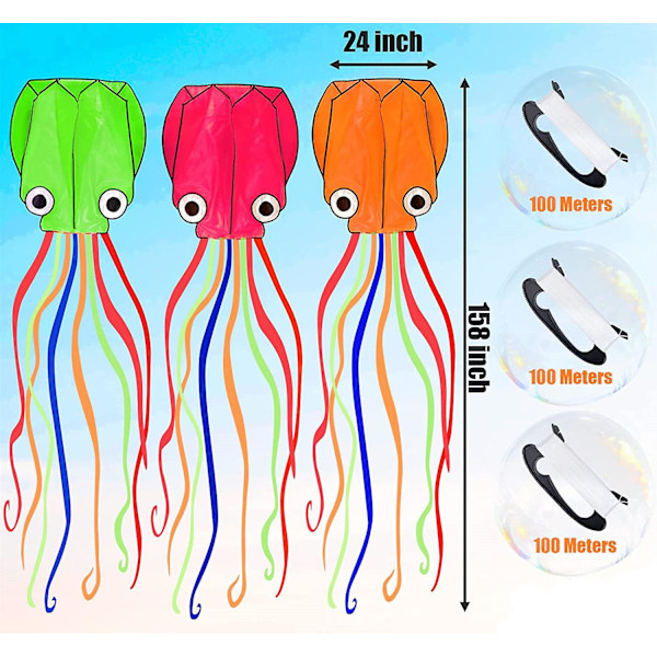 Octopus Kite 3-pack, lätt att flyga, 3d jätte drake med drake snöre rulle