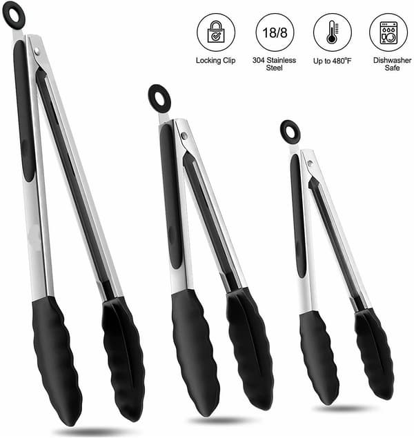 Premium rostfria matlagningstänger med silikonspetsar, non-stick, 480, set om 3-7\", 9\" och 12\" svart