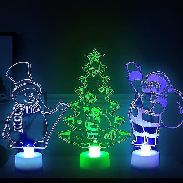 2 stk 3D julelamper, akryl julenissen eiffeltårn figur led nattlys