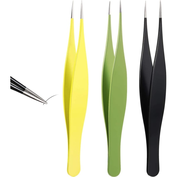 3 stycken spetsad pincett i rostfritt stål Precision pincett med spetsig nos (svart, gul, grön)