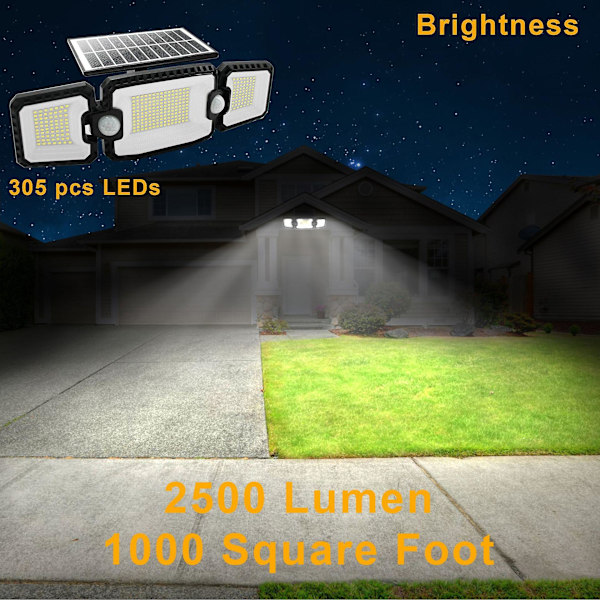 3 belysningshuvuden 7300lm 305 led justerbar säkerhetsspotlight med 2 rörelsesensorer för trädgårdsgaragesolar utomhuslampor, Ip65 vattentät Floodl