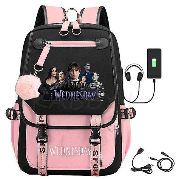 Onsdag Addams Cosplay Ryggsäck USB Laddning Laptop Stora Skolväska Ryggsäck Kvinnor Män Ryggsäck Resedagspackar Man Fritidsväskor bildfärg23