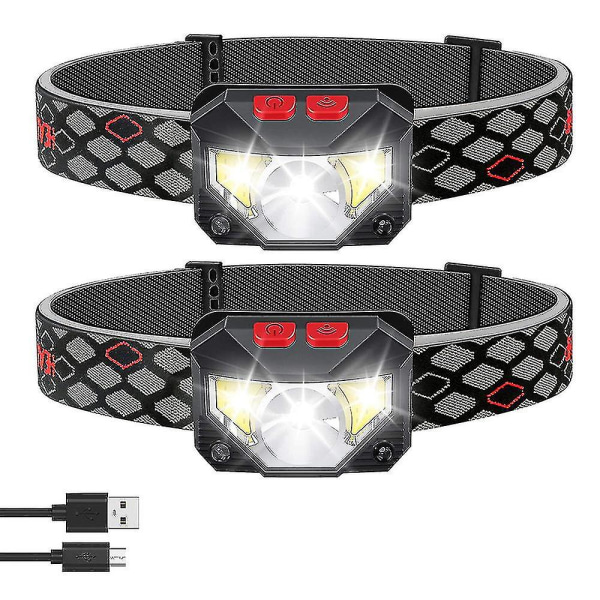 2-pack pannlampa uppladdningsbar, ljus rörelsesensor pannlampa ficklampa, vattentät LED-strålkastare med vitt rött ljus, 6 lägen huvudlampor kompatibla