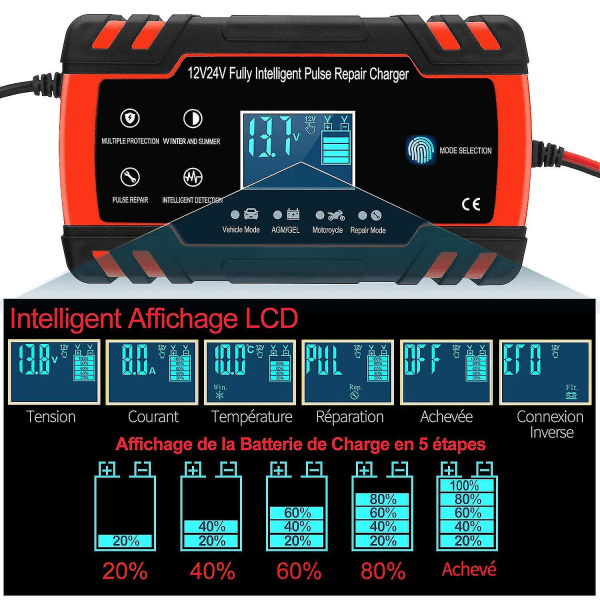 8a 12v/24v intelligent bil- och motorcykelbatteriladdare, 3-stegs batteriladdare och automatisk reparationsfunktion lastbil, Agm, Gel, våt, Sla