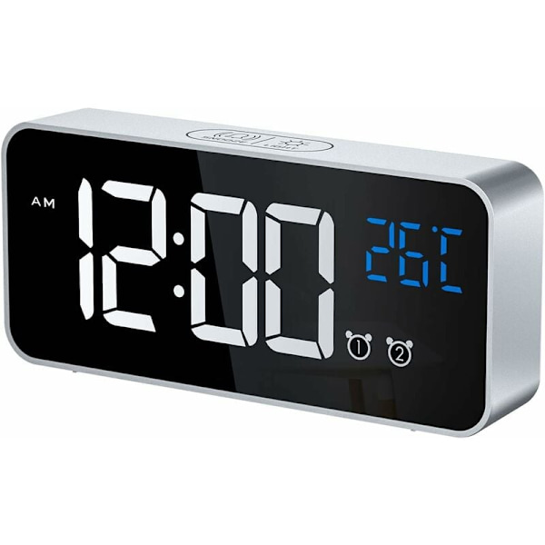 Digital väckarklocka, LED digital väckarklocka med temperatur/snooze/2 larm/12/24 timmar/USB-laddningsport/16 musik (Silver)