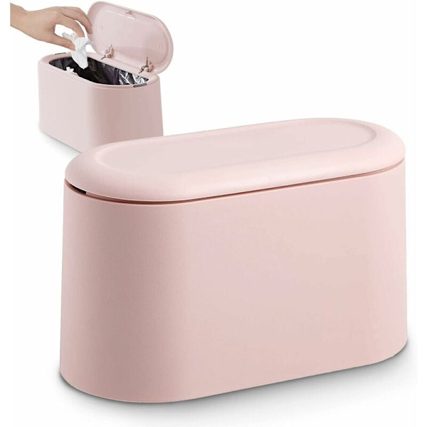 Liten bordspapperskorg med snäpplock för kontor, badrum, kök och sovrum, husdjursmatförvaring (rosa)