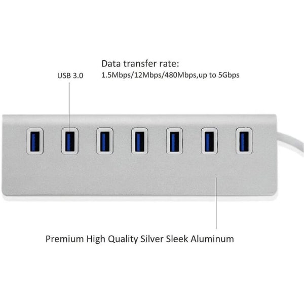 Alumiininen USB 3.0 -keskitin, 7 Super Speed ​​USB 3.0 -dataporttia, yhteensopiva Windows PC -kannettavan kanssa