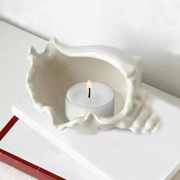 Snäckskalsformad Tealight-ljusstake, Skål för smycken i form av snäckskal, Vit keramisk snäckskål med tema från havet och stranden