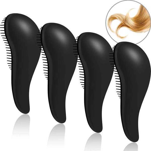 Anti-knutar massage kam skönhetsverktyg smärtfri håruträtningsborste 4-delat set (svart)