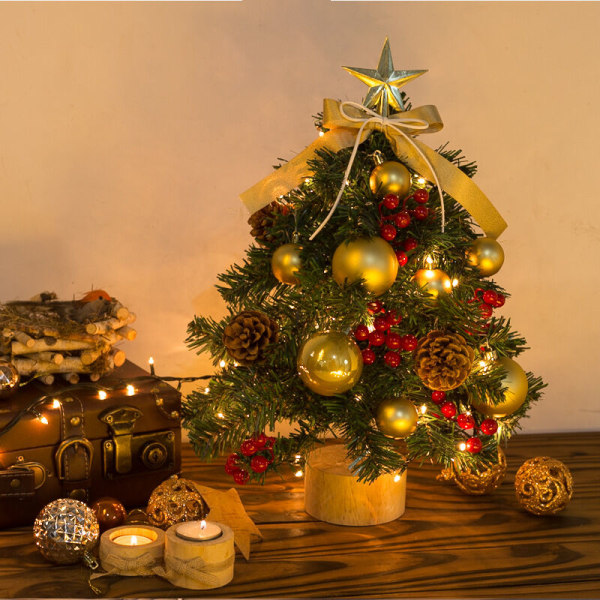 45 cm Mini juletræ kunstig juletræ bordplade med LED lys og dekorationer til jule hjemme køkkenbord