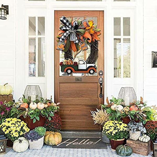 Konstgjord Solrosgirland Halloween Blomsterkrans, Höstlöv Girland Höstpumpor Inomhus Utomhus Framdörr Vägg eller Fönster Dekoration (B06)