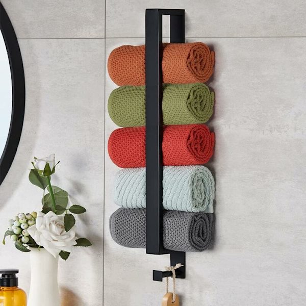 Håndklædestang uden boring mat sort - 304 rustfrit stål med håndklædestang - med krog - selvklæbende 50 cm - til badeværelse
