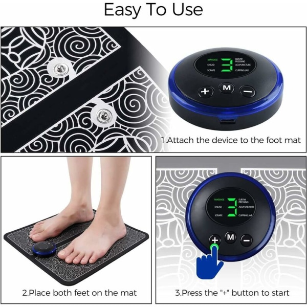 Elektrisk fodmassager, EMS fodpude, benformning, 6 EMS pulstilstande, 9 styrker, bioelektrisk massage, USB genopladelig foldbar måtte