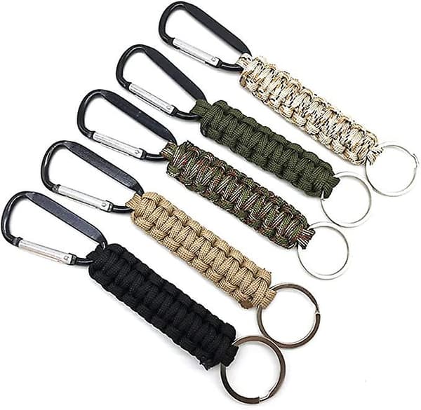 5-pack Paracord nyckelring med karbinhake, snodd och kedjehake, flätat öglehake