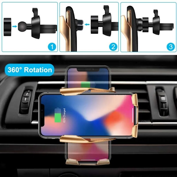 2-i-1 trådlös billaddare, snabbladdning, automatisk spänning, automatisk ventil, mobiltelefonhållare, guld