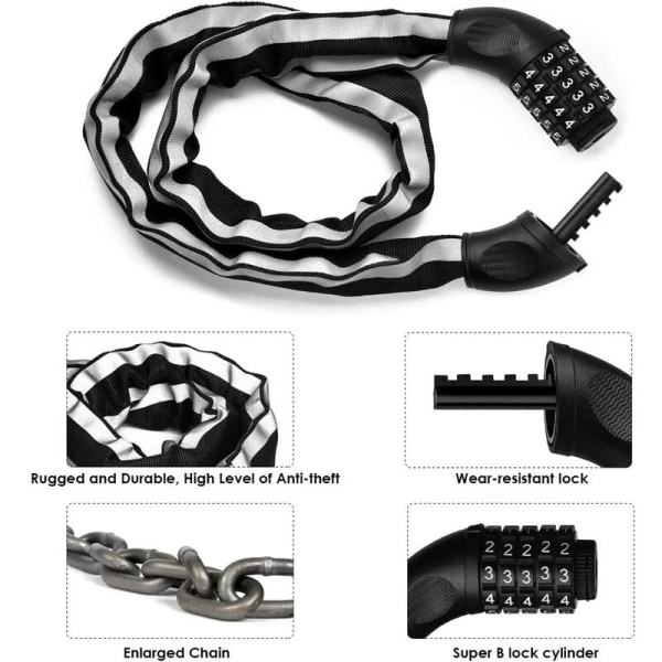 Cykellås med natt synlig digital kod, kedjelåskedja reflekterande kombinationslås för cyklar och motorcyklar