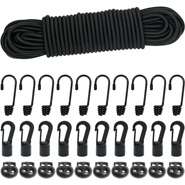 Elastisk spænder 5mm 15m sort elastisk snor elastisk spænder med krog elastikbånd til presenning cykelkrog fastgørelseskrog (sort 5mm x 15m)