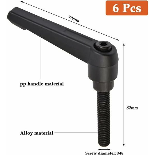 6 kpl M8 kiristysvivun kahva, M8 ruostumattomasta teräksestä valmistettu uroskierrekahva, säädettävät konekahvat 32 mm (musta)