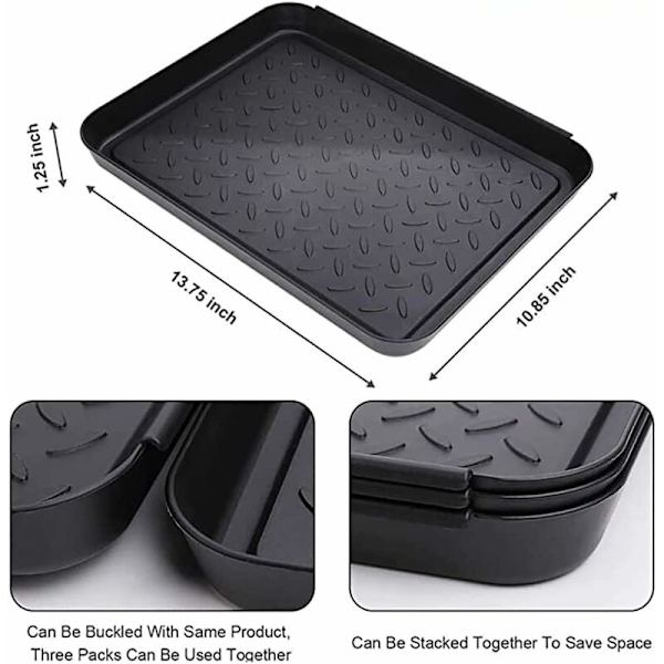 3-pack skohylla i plast, multifunktionell skohylla, droppbricka, upphöjd kant, stapelbar, 35 x 27 x 3 cm, svart droppbricka för blomkruka, skål, regnkläder