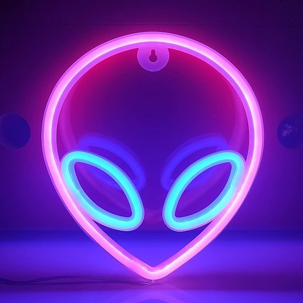 Alien Neon-kyltti, USB- tai 3-AA-paristokäyttöinen neonvalo, LED-pöytäkoriste, makuuhuoneen seinäkoriste, syntymäpäivälahja (vaaleanpunainen+sininen)