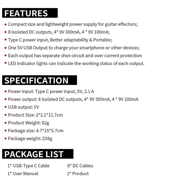 Pedal Power Gitarr Pedal Power Gitarr Effektor Power 8 Isolerade DC Output Gitarr Effekt Pedal Gitarr Tillbehör
