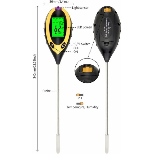 Triomphe 4-i-1 jordfuktighetstestare digital jordtestkit PH temperatur solfuktighet surhet med bakgrundsbelyst LCD-display för trädgård gräsmatta jordbruk inomhus