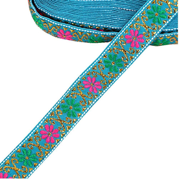 7m Daisy Blomster Broderad Jacquard Band Metallisk Retro Vävd Dekorativt Tyg (Himmelsblå)
