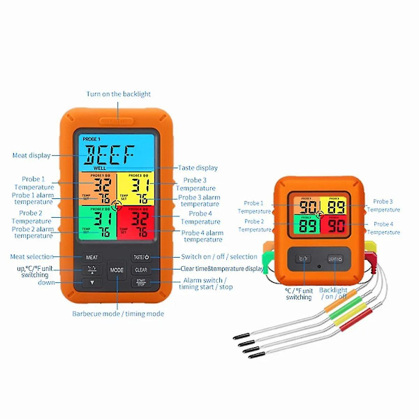 Digital kötttermometer för grill med timer 4 sonder temperaturlarm kökstermometer(b)