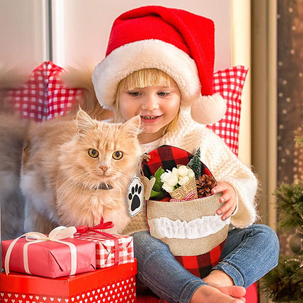 Julstrumpor för Katter 19 Tum, Stor Fiskformad Burlap Rutiga Julstrumpor för Eldstadshängning