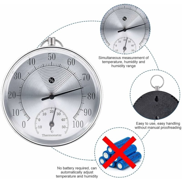 Ulkotermometri, 10 cm langaton seinäteline analoginen lämpömittari ja kosteusmittari, sopii koteihin, kasvihuoneisiin, puutarhoihin, autoihin jne. (hopea)