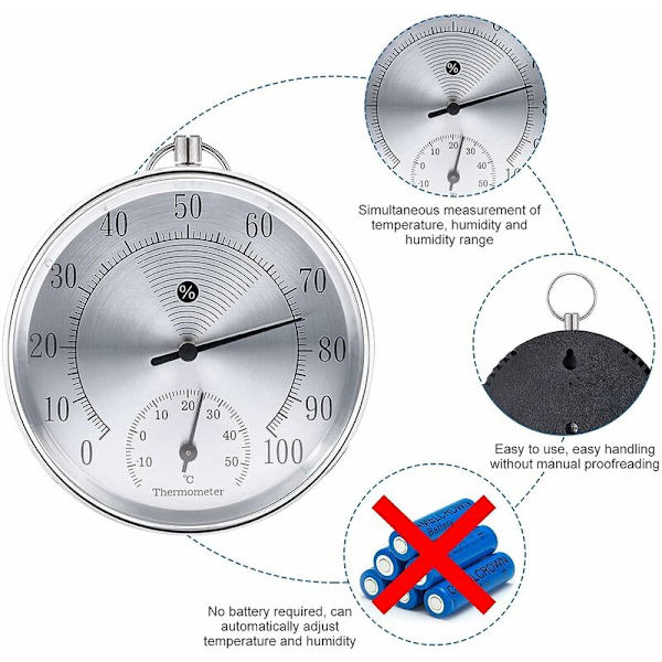 Utomhustermometer, 10 cm trådlös väggmonterad analog termometer och hygrometer, lämplig för hem, växthus, trädgårdar, bilar, etc. (Silver)