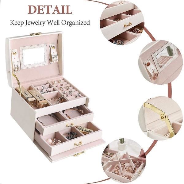 Smyckeskrin, 3-lagers förvaringsbox för smycken i PU-läder med spegel och lås, lådtyp, för förvaring av ringar, armband, örhängen, halsband, syntet