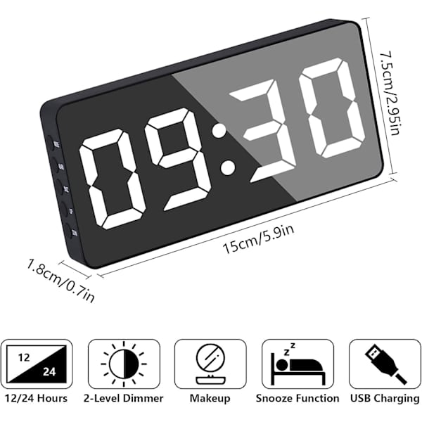 Digital Reseklocka Digital Klocka Drivs av USB med Snooze-knapp Stack Datum 12/24 Timmar, Svart